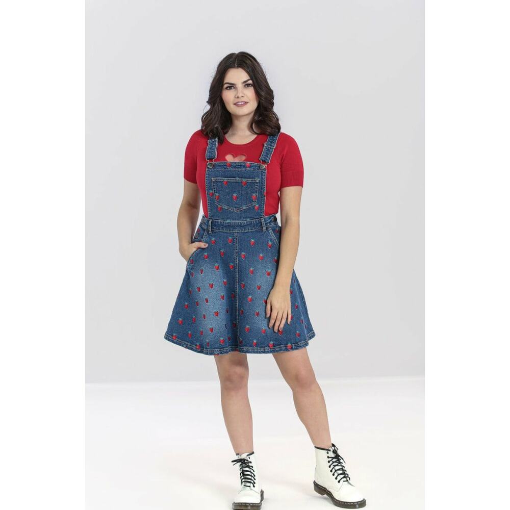 Hell Bunny Strawberry Embroidered Denim Pinafore Dress Blue Sleeveless Sz XS
